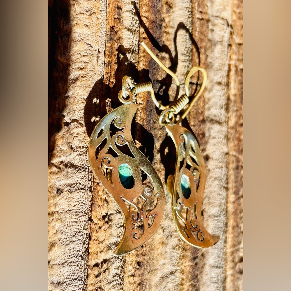 Vintage Boho Brass and Turquoise Earrings - Picture 11 of 15